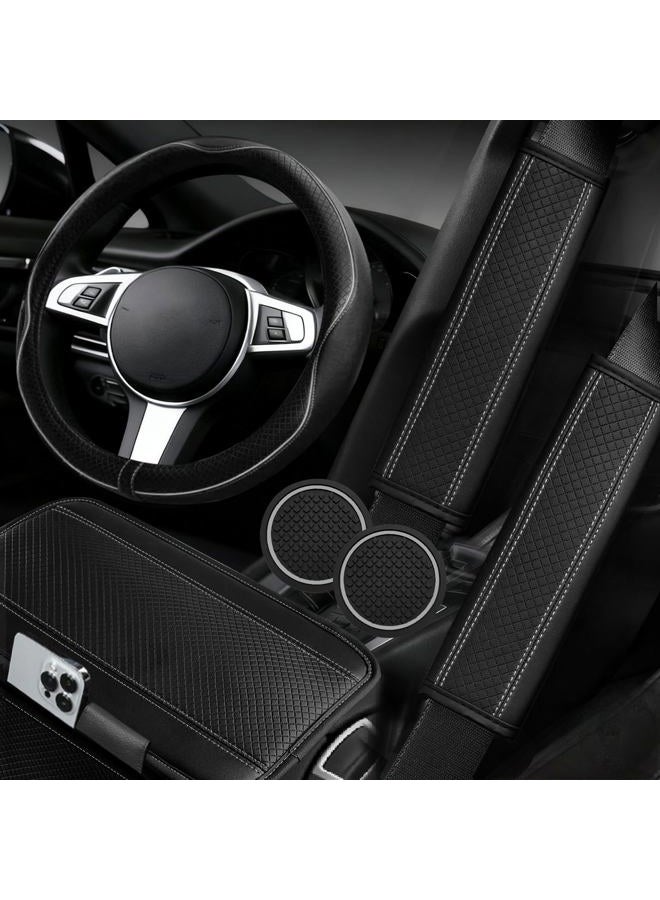 NBTEPEM 6 PCS Car Steering Wheel Cover Set, Microfiber Leather Steering Wheel Covers Universal 14.5-15 inch, Center Console Cover, Seat Belt Cushion, Cup Coaster, Car Accessories Set Black Gray - Image 1