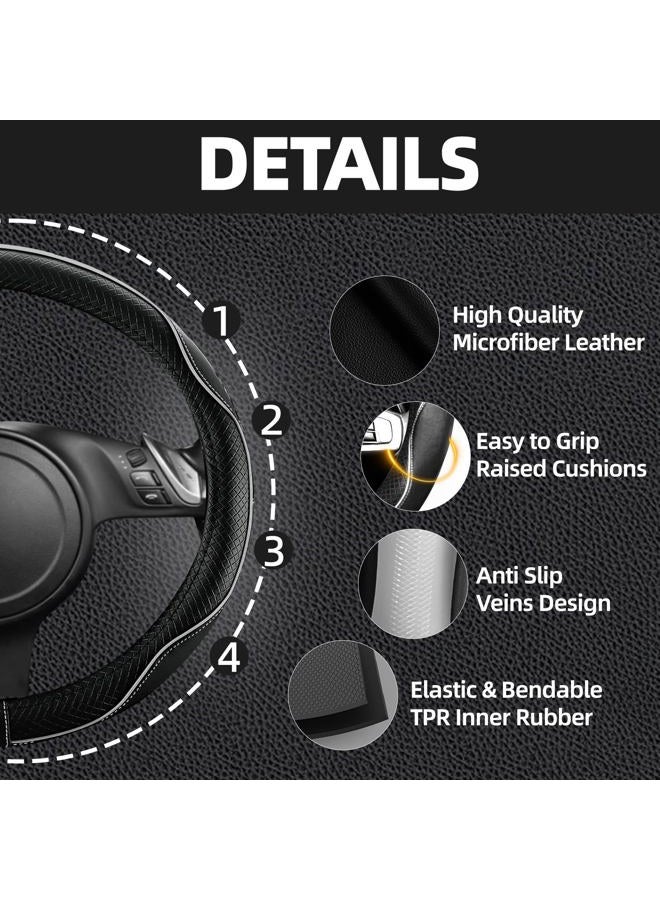 NBTEPEM 6 PCS Car Steering Wheel Cover Set, Microfiber Leather Steering Wheel Covers Universal 14.5-15 inch, Center Console Cover, Seat Belt Cushion, Cup Coaster, Car Accessories Set Black Gray - Image 3