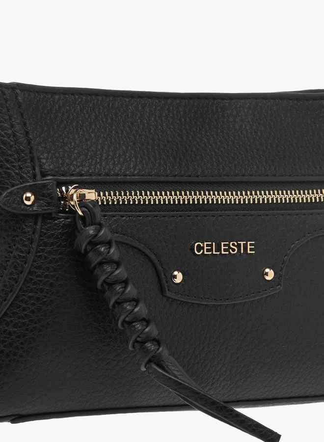Celeste Womens Textured Crossbody Bag With Zip Closure And Braided Accent