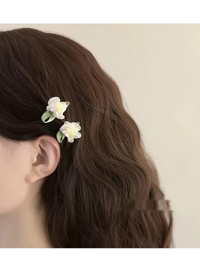 مقاطع شعر بالورود الياسمين من الساتين الأبيض – مجموعة من 6 إكسسوارات زهرية أنيقة للنساء والفتيات - Image 2