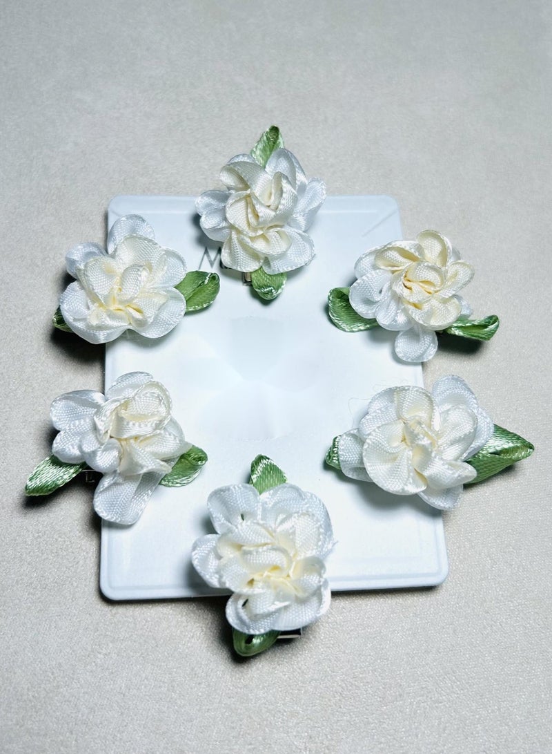 مقاطع شعر بالورود الياسمين من الساتين الأبيض – مجموعة من 6 إكسسوارات زهرية أنيقة للنساء والفتيات - Image 4