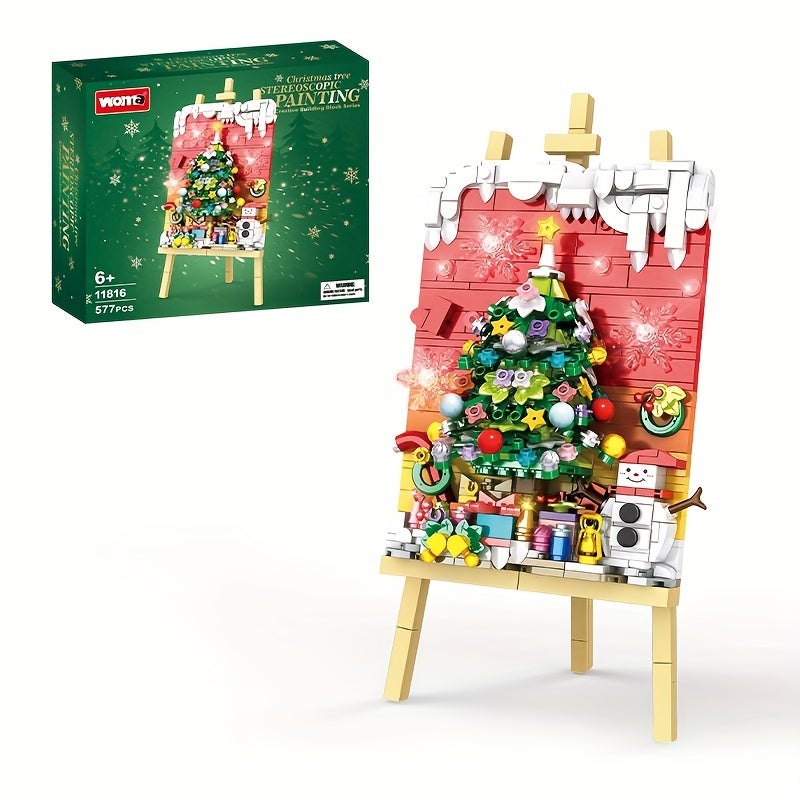 WOMA 3D Christmas Scene Building Blocks Set, DIY Snowman & Tree Painting Kit, Educational Plastic Bricks for Color & Shape Recognition, Hand-Eye Coordination, Festive Tabletop Display, Holiday Gift