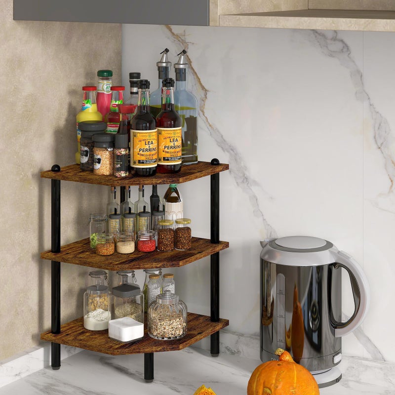 MOFAIN Desktop Corner Stand Shelf for Storage, 3 Tier Corner Shelf Organizer, Rustic Brown Rack for Small Spaces, Bedroom, Home Office, Kitchen, Bathroom - Image 3