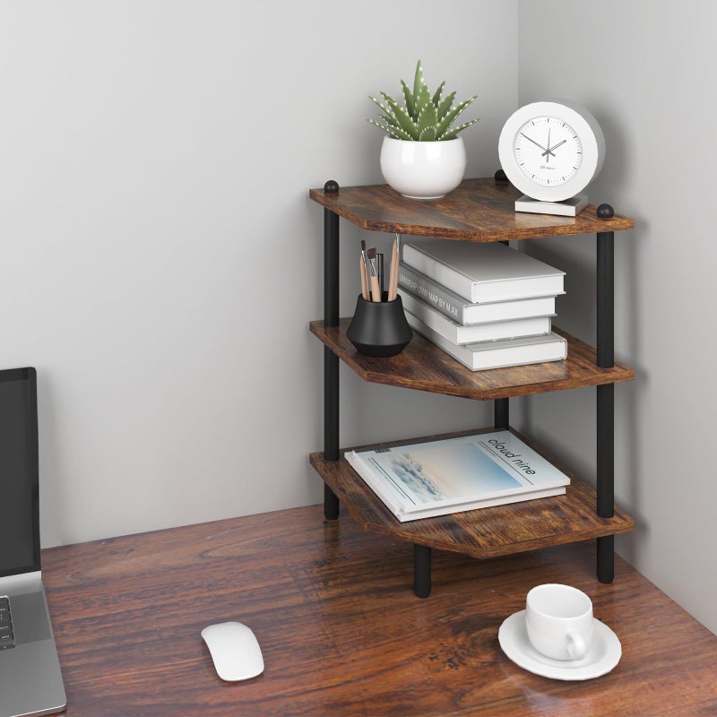 MOFAIN Desktop Corner Stand Shelf for Storage, 3 Tier Corner Shelf Organizer, Rustic Brown Rack for Small Spaces, Bedroom, Home Office, Kitchen, Bathroom - Image 1