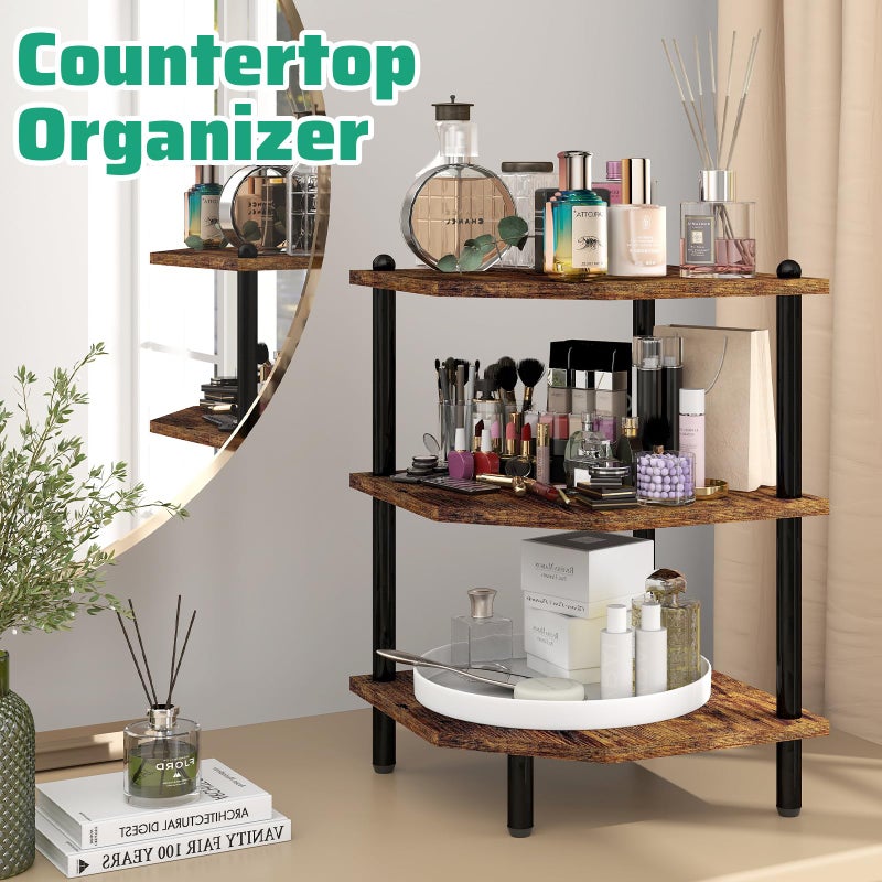 MOFAIN Desktop Corner Stand Shelf for Storage, 3 Tier Corner Shelf Organizer, Rustic Brown Rack for Small Spaces, Bedroom, Home Office, Kitchen, Bathroom - Image 2
