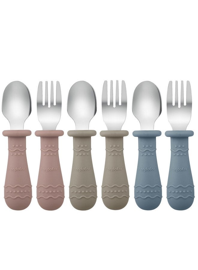 باندا إير مجموعة أدوات المائدة للأطفال من PandaEar، 6 قطع من الملاعق والشوك للأطفال، مجموعة أدوات مائدة للأطفال من الفولاذ المقاوم للصدأ 18/8 والسيليكون الآمن غذائيًا، آمنة للاستخدام في غسالة الأطباق (أزرق/بني/أحمر) - Image 1