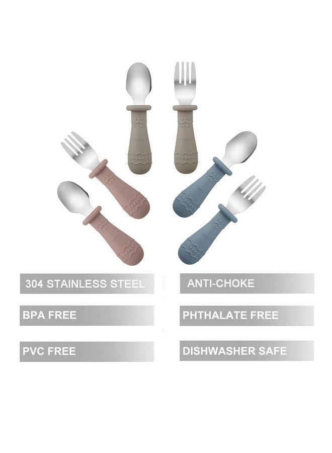 باندا إير مجموعة أدوات المائدة للأطفال من PandaEar، 6 قطع من الملاعق والشوك للأطفال، مجموعة أدوات مائدة للأطفال من الفولاذ المقاوم للصدأ 18/8 والسيليكون الآمن غذائيًا، آمنة للاستخدام في غسالة الأطباق (أزرق/بني/أحمر) - Image 2