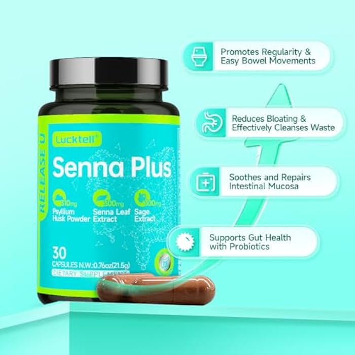 LuckTell Senna Plus 15-Day Cleanse - Gentle Gut Cleanse Detox for Women & Men with Senna, Cascara Sagrada, Psyllium Husk & MCT Oil, Nature Colon Cleanse with Probiotics, Made in USA,30 Capsules - Image 2