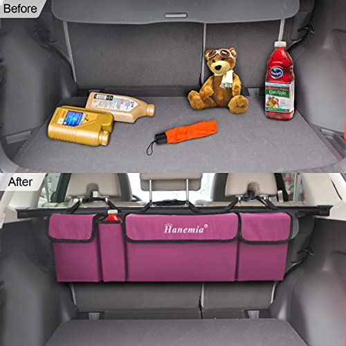Hanemia Car Trunk Organizer, Backseat Hanging Storage with 4 Large Pockets, Collapsible Cargo Bag with Adjustable Straps Frees Trunk Floor, Sturdy Space Saving Expert for SUV, Truck, Van (Purple) - Image 4