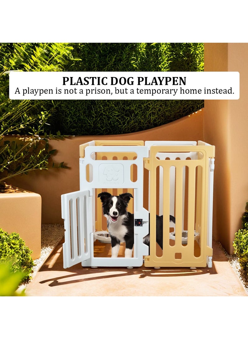 MAJIBAO Pet playpen with Safety door lock, Feeding bowls, and Suction cup, Portable plastic pet playpen for small-sized dogs, Suitable for indoor & outdoor use, Easy to assemble 70 cm (Yellow, White)  - Image 5