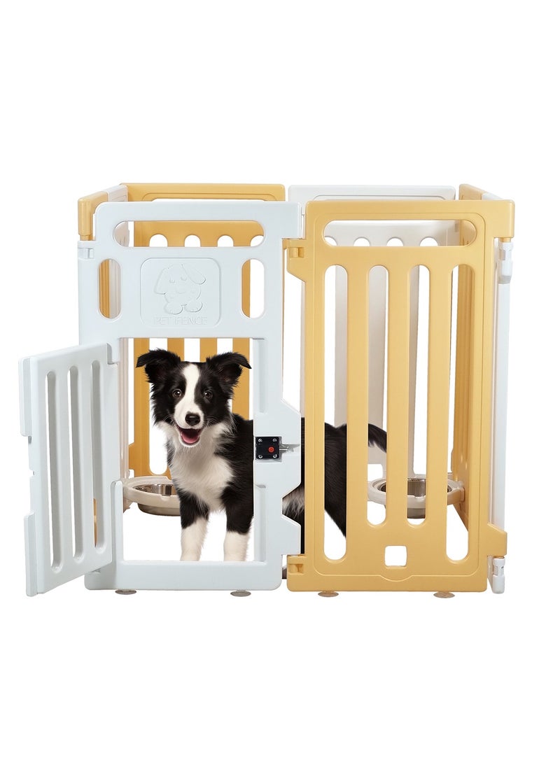 MAJIBAO Pet playpen with Safety door lock, Feeding bowls, and Suction cup, Portable plastic pet playpen for small-sized dogs, Suitable for indoor & outdoor use, Easy to assemble 70 cm (Yellow, White)  - Image 1