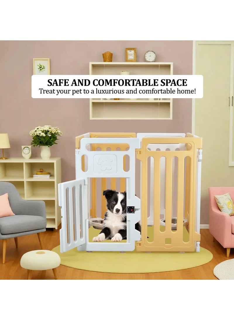 MAJIBAO Pet playpen with Safety door lock, Feeding bowls, and Suction cup, Portable plastic pet playpen for small-sized dogs, Suitable for indoor & outdoor use, Easy to assemble 70 cm (Yellow, White)  - Image 4