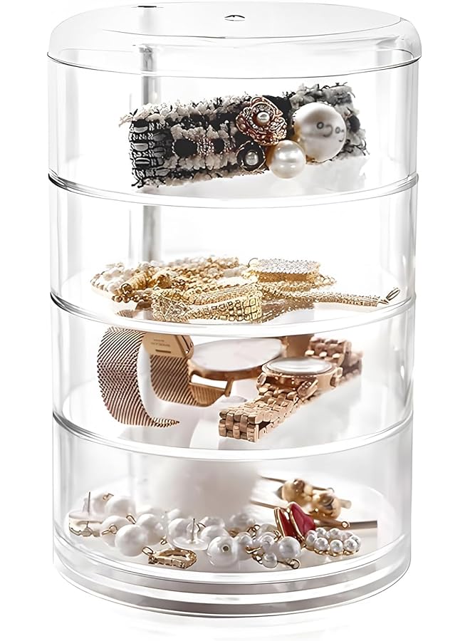 The Bros Jewelry Storage Box, 4-Tier 360 Degree Rotating Adjustable Jewelry Display Case, Acrylic Jewelry Organizer Storage Box, Clear Jewelry Storage Tray with Lid for Earrings, Bracelets, Necklaces - Image 1