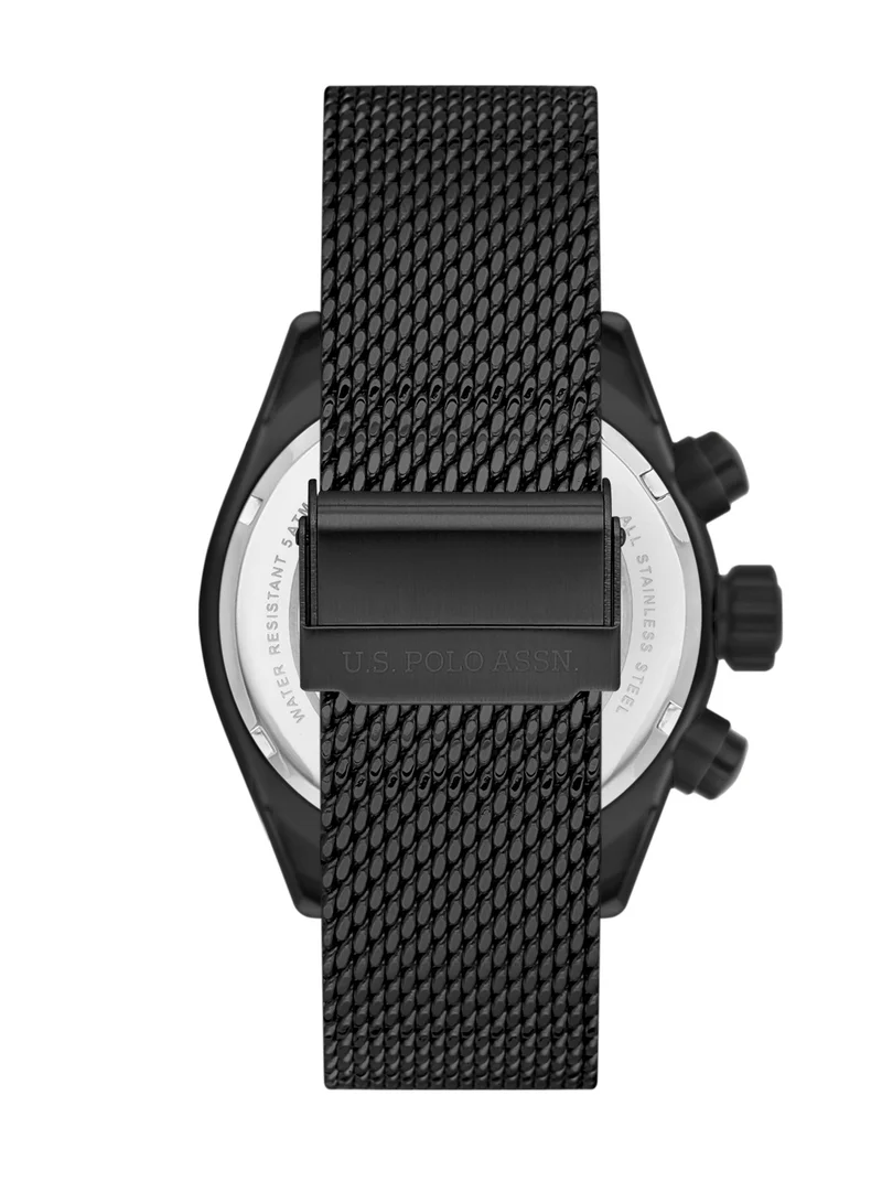 يو اس بولو اسن USPA Crossing Black Stainless Steel Bracelet Black Dial Quartz Gents Watch 46mm 5 ATM - USPA1025-04