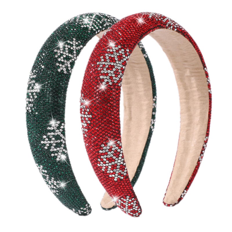 winthrop 2 Pack Christmas Rhinestone Headbands for Women Sparkling Snowflake Padded Hair Hoop in Red Green Wide Glitter Crystal Hair Accessories for Holiday Party Winter Outfits - Image 3
