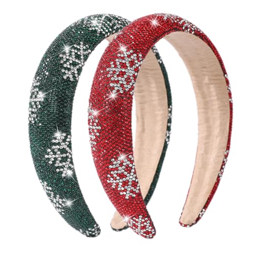 winthrop 2 Pack Christmas Rhinestone Headbands for Women Sparkling Snowflake Padded Hair Hoop in Red Green Wide Glitter Crystal Hair Accessories for Holiday Party Winter Outfits - Image 1