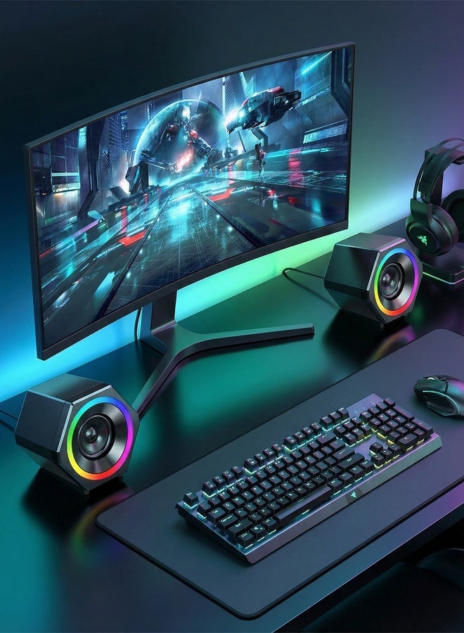 فلوشرينيك مكبرات صوت الكمبيوتر، مكبرات صوت الكمبيوتر USB. مجهز بالإضاءة الملونة وتصميم عسل فريد من نوعه ، فإن مكبر صوت الألعاب 2.0 مناسب لأجهزة الكمبيوتر المكتبية وأجهزة الكمبيوتر المحمولة والهواتف المحمولة مع مصدر طاقة USB. حجم واحد (4.1x3.6x3.2 بوصة) x2 - Image 2