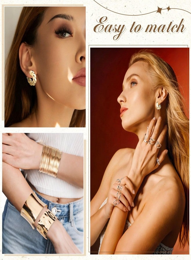 تونديامو طقم مجوهرات تونديمو الذهبي السميك للنساء، 27 قطعة، يتضمن أساور عريضة، وأقراط حلقية، وخواتم قابلة للتكديس. إكسسوارات مطلية بالذهب غير قابلة للتشوه. أساور وأقراط وخواتم سميكة. هدايا - Image 5