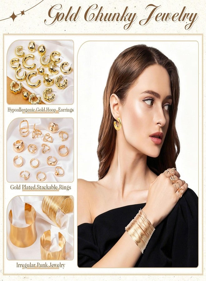 تونديامو طقم مجوهرات تونديمو الذهبي السميك للنساء، 27 قطعة، يتضمن أساور عريضة، وأقراط حلقية، وخواتم قابلة للتكديس. إكسسوارات مطلية بالذهب غير قابلة للتشوه. أساور وأقراط وخواتم سميكة. هدايا - Image 2