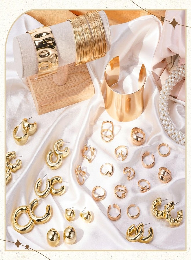 تونديامو طقم مجوهرات تونديمو الذهبي السميك للنساء، 27 قطعة، يتضمن أساور عريضة، وأقراط حلقية، وخواتم قابلة للتكديس. إكسسوارات مطلية بالذهب غير قابلة للتشوه. أساور وأقراط وخواتم سميكة. هدايا - Image 4