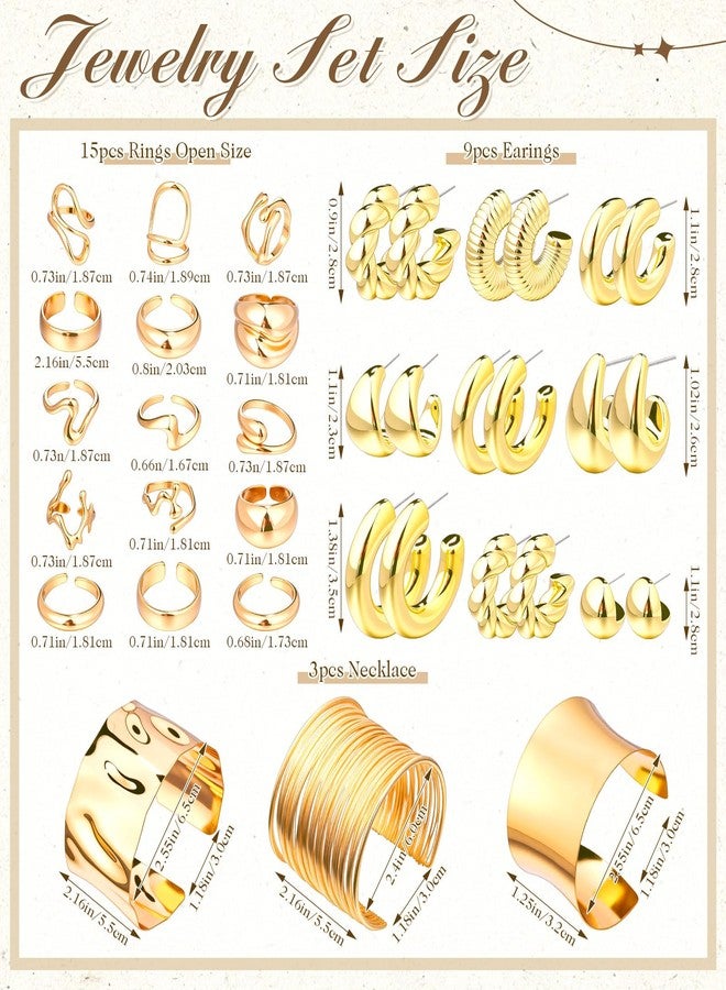 تونديامو طقم مجوهرات تونديمو الذهبي السميك للنساء، 27 قطعة، يتضمن أساور عريضة، وأقراط حلقية، وخواتم قابلة للتكديس. إكسسوارات مطلية بالذهب غير قابلة للتشوه. أساور وأقراط وخواتم سميكة. هدايا - Image 3