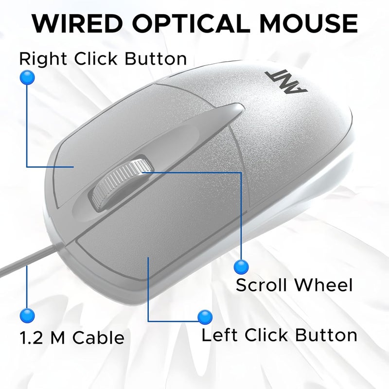 Ant فأرة جلوب 10 السلكية الضوئية بدقة 1200 نقطة في البوصة، اتصال USB، تصميم خفيف الوزن، 3 أزرار متينة، متوافقة مع ويندوز/ماك/لينكس بيضاء - Image 4