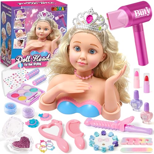 Golray Hair Styling Doll Head Makeup Kit Nail Art Girls ToysHair Salon Toy Real Cosmetics Nail PolishHairdryer Curling Iron Stylist Play Toy Princess Girl Birthday Gifts 3 4 5 6 7 8 Years Old - Image 1