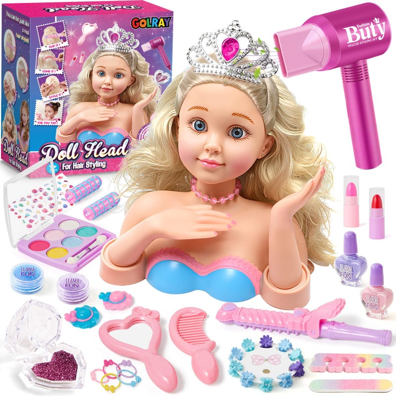 Golray Hair Styling Doll Head Makeup Kit Nail Art Girls ToysHair Salon Toy Real Cosmetics Nail PolishHairdryer Curling Iron Stylist Play Toy Princess Girl Birthday Gifts 3 4 5 6 7 8 Years Old - Image 3