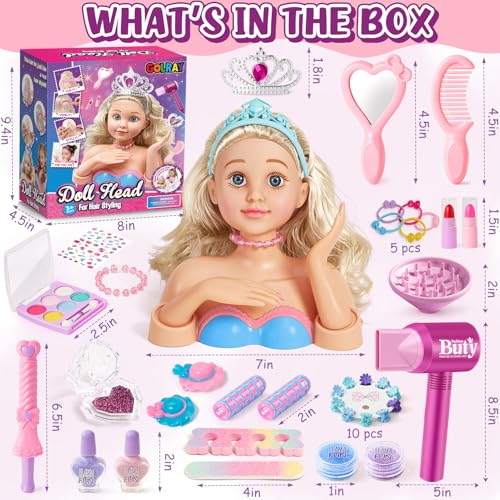 Golray Hair Styling Doll Head Makeup Kit Nail Art Girls ToysHair Salon Toy Real Cosmetics Nail PolishHairdryer Curling Iron Stylist Play Toy Princess Girl Birthday Gifts 3 4 5 6 7 8 Years Old - Image 5