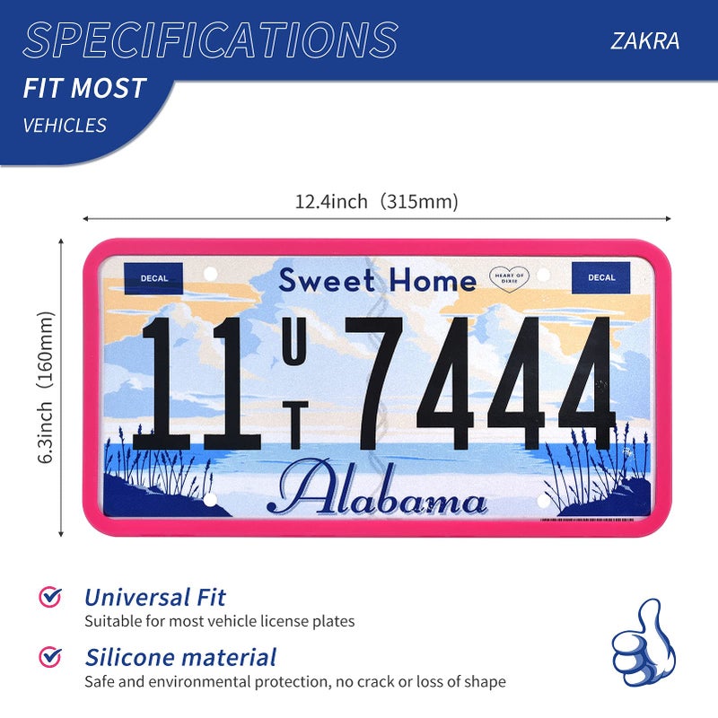 ZAKRA 2 Pack Hot Pink Silicone License Plate Frame, 100% Street Legal & Zero Obstruction, Aesthetic Girly Car Accessories for Women, Rust-Proof & Rattle-Free Universal Car Tag Holder, Ideal Gift - Image 3