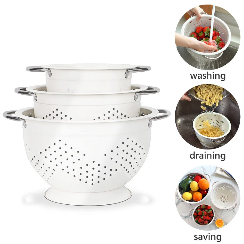 Hillbond Colander Set Of 3 1.5 3 5 Qt Powder Coated Metal Strainers With Riveted Stainless Steel Handles And Stable Base Strainers And Colanders White - Image 2