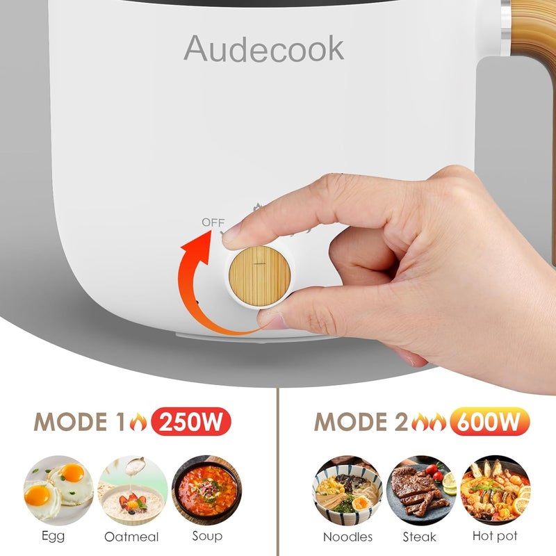 Audecook قدر كهربائي من أوديكوك مع مبخرة، سعة 1.5 لتر، محمول، غير لاصق، صغير متعدد الوظائف، قدر شابو، مقلاة كهربائية مع تحكم مزدوج في الطاقة لنودلز الرامن/المعكرونة/البيض/الشوربة/الشوفان (أبيض) - Image 5