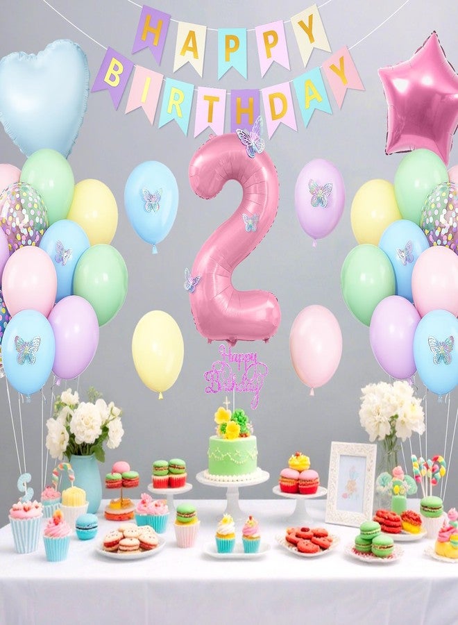 Vibzox 2nd Birthday Decoration for Girls,Easter Pastel Rainbow 2nd Balloon Number 2 Balloon Butterfly Stickers Star Heart Foil Balloons Banner for Baby 2 Year Old Party Decor - Image 3