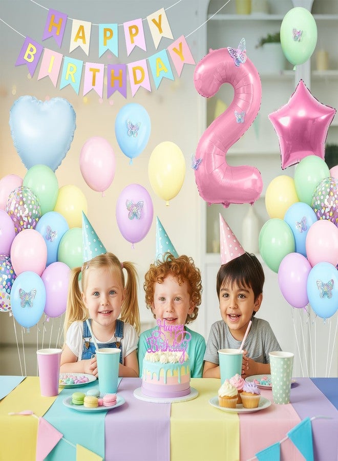 Vibzox 2nd Birthday Decoration for Girls,Easter Pastel Rainbow 2nd Balloon Number 2 Balloon Butterfly Stickers Star Heart Foil Balloons Banner for Baby 2 Year Old Party Decor - Image 4