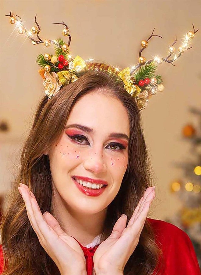 كامبسيس عصابات رأس مضيئة على شكل قرون غزال الرنة من كامبسيس، حلقات شعر مضيئة على شكل غزال، زهور وتوت، هدايا حفلات عيد الميلاد للنساء والفتيات - Image 1