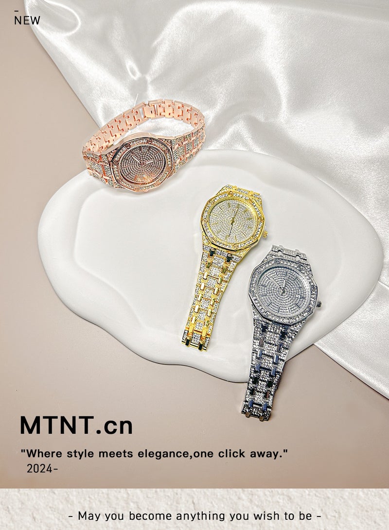 MREURIO Fashion Octagonal Diamond Watch with Calendar – Rose Gold Zircon Luxury Watch for Men and Women – Couple Gift Wristwatch - Image 3
