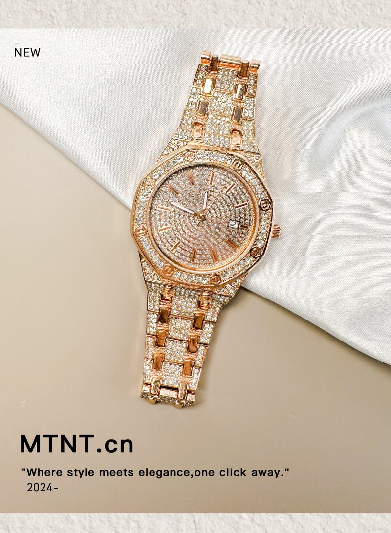 MREURIO Fashion Octagonal Diamond Watch with Calendar – Rose Gold Zircon Luxury Watch for Men and Women – Couple Gift Wristwatch - Image 1