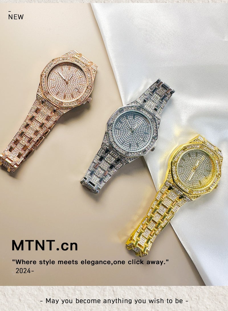 MREURIO Fashion Octagonal Diamond Watch with Calendar – Rose Gold Zircon Luxury Watch for Men and Women – Couple Gift Wristwatch - Image 2