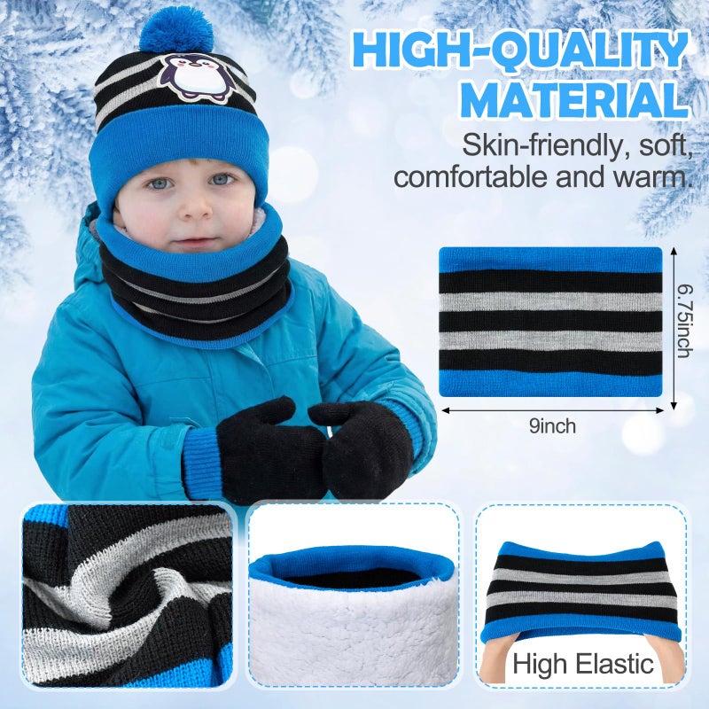 Cutecrop 3 Set Penguin Kids Toddlers Winter Knit Hat Scarf Gloves Set for Boys Girls Age 2-4 Pompom Hat Mittens Scarves - Image 3