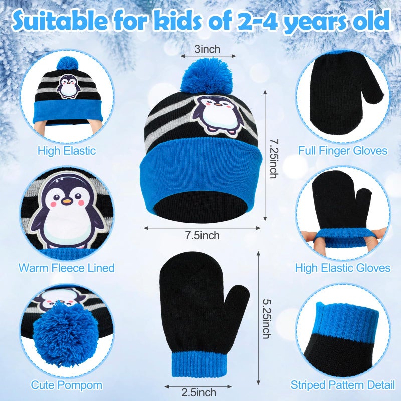 Cutecrop 3 Set Penguin Kids Toddlers Winter Knit Hat Scarf Gloves Set for Boys Girls Age 2-4 Pompom Hat Mittens Scarves - Image 2