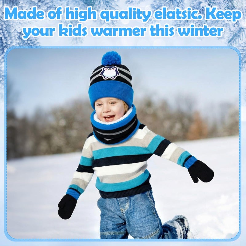Cutecrop 3 Set Penguin Kids Toddlers Winter Knit Hat Scarf Gloves Set for Boys Girls Age 2-4 Pompom Hat Mittens Scarves - Image 5