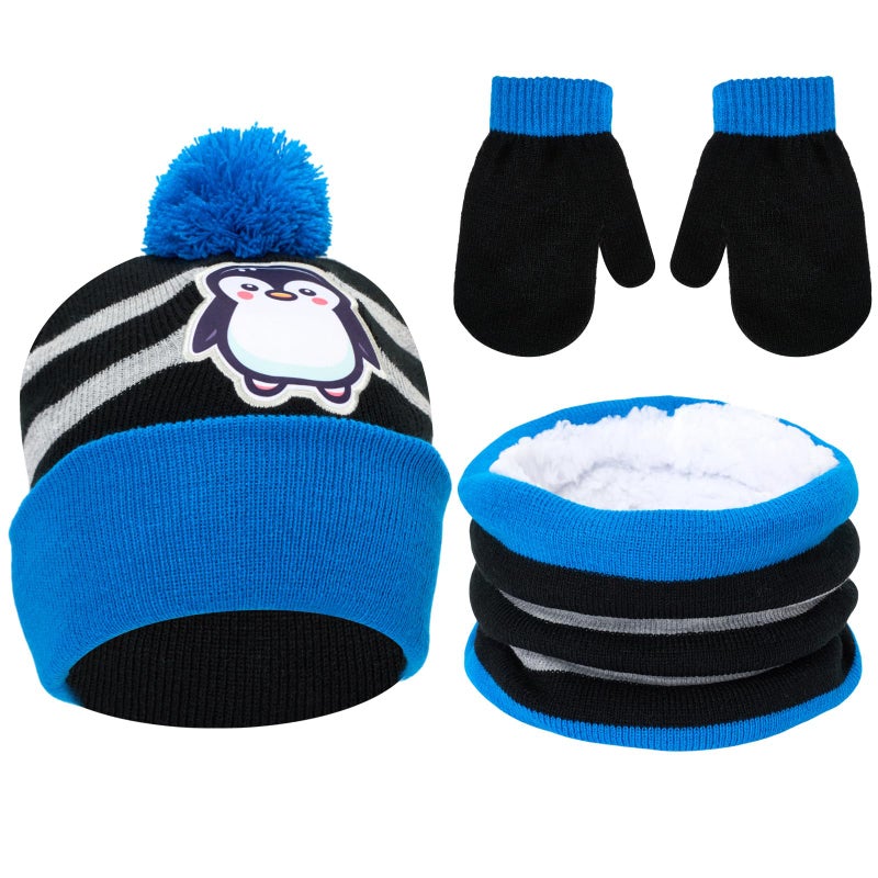 Cutecrop 3 Set Penguin Kids Toddlers Winter Knit Hat Scarf Gloves Set for Boys Girls Age 2-4 Pompom Hat Mittens Scarves - Image 1