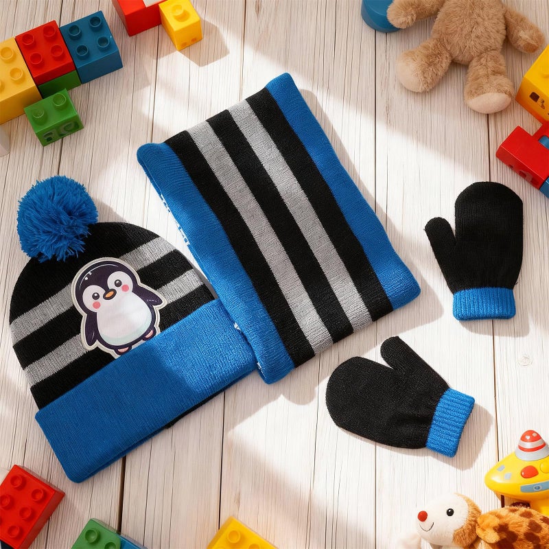 Cutecrop 3 Set Penguin Kids Toddlers Winter Knit Hat Scarf Gloves Set for Boys Girls Age 2-4 Pompom Hat Mittens Scarves - Image 4