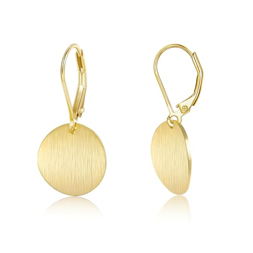 LANCHARMED 14K Gold Dangle Earrings for Women Hypoallergenic Lightweight Circle Disc Coin Brushed Drop Dangle Earrings Leverback Earring for Jewelry Gifts - Image 1
