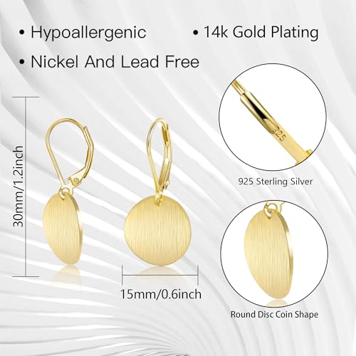 LANCHARMED 14K Gold Dangle Earrings for Women Hypoallergenic Lightweight Circle Disc Coin Brushed Drop Dangle Earrings Leverback Earring for Jewelry Gifts - Image 5