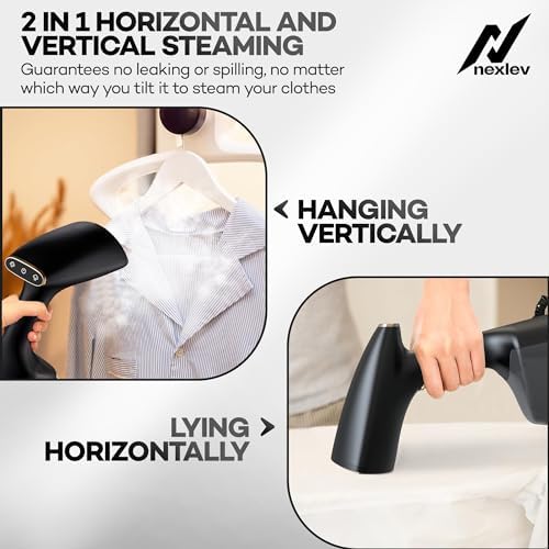 NexLev Handheld Garment Steamer |1800 Watts | 35 g/min | 300 ML | Vertical & Horizontal Ironing for Silk Velvet & | Damage Free Steam for all Cloth Types | 25sec quick heat | 3 Brushes | GS-04 - Image 4