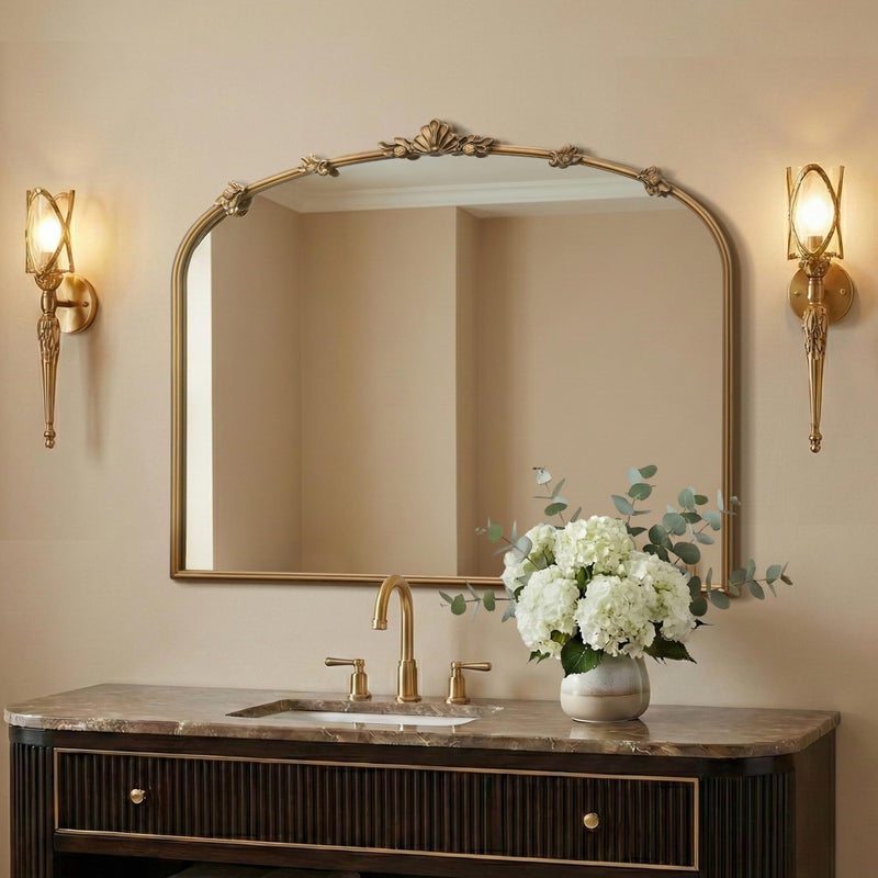 Besdomus Large Vintage Gold Mirror: 36"x29" Traditional Ornate Arched Mirror - French Baroque Antique Mirrors for Wall/Mantel/Bedroom/Entryway/Bathroom/Hallway - Home Decor for Fashion-Conscious - Image 1