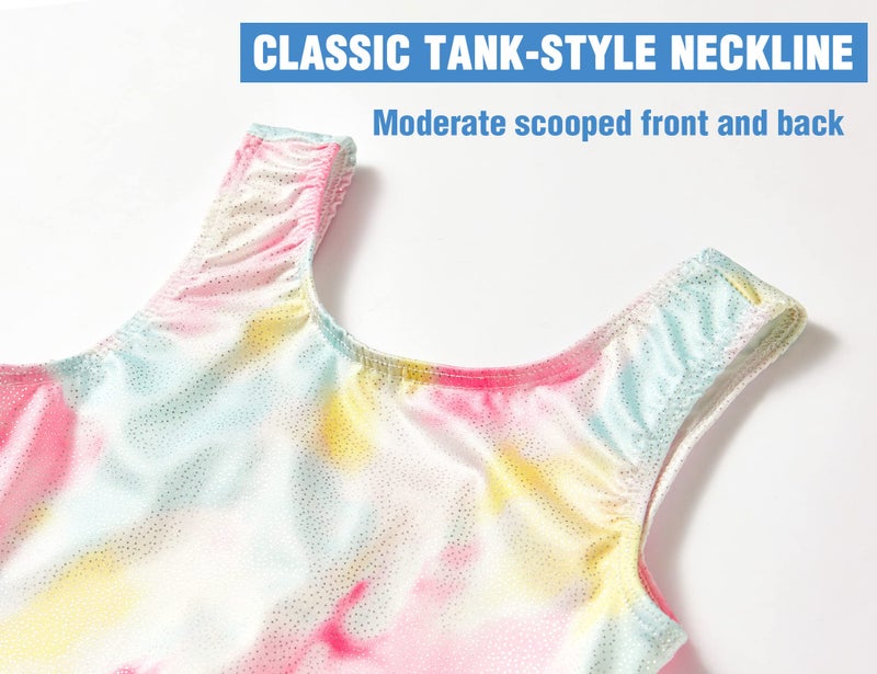 TENVDA Girls Leotards for Gymnastics Sparkly Yellow Pink Tie Dye Tank Tumbling Practice Unitard Biketard Size 8-9 Years Old - Image 3
