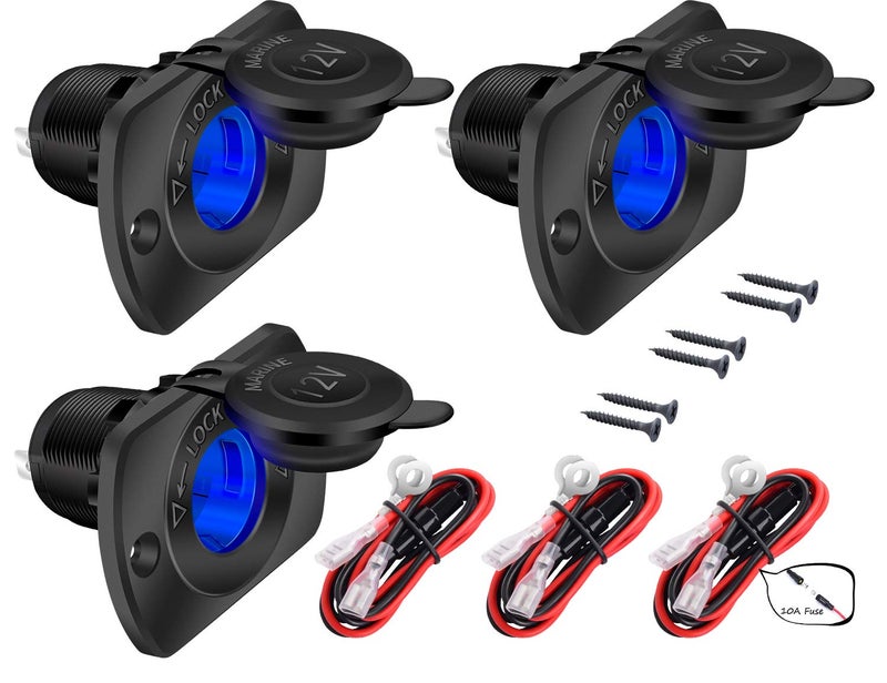 DaierTek 12V Car Cigarette Lighter Socket Female 12 Volt Power Outlet Replacement with Blue LED Waterproof for Boat Marine Scooter RV ATV UTV - 3pcs - Image 1