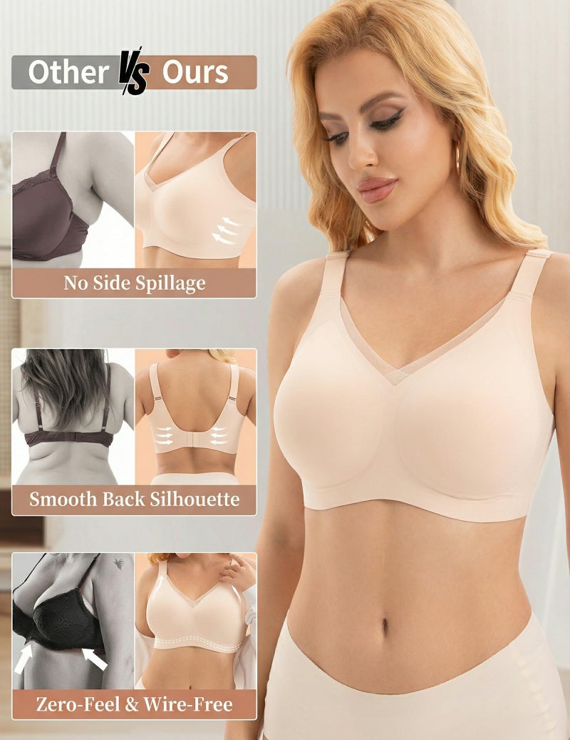 PoseFree Womens Wireless Bras Supportive Tshirt Bra No Underwire Seamless Push Up V Mesh Comfortable Bralette Everyday Bras Nude 2XL - Image 5